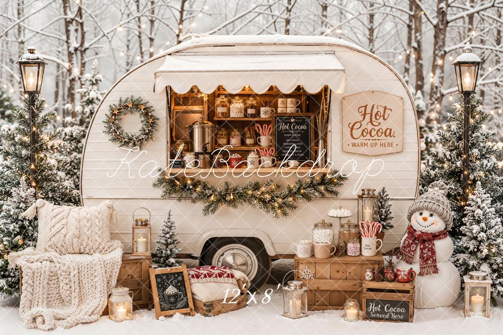 Kate Christmas Hot Cocoa Camper Snowy Forest Snowman Printed Backdrop Designed by Emetselch