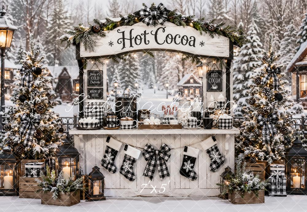 Kate Christmas Black Plaid Hot Cocoa Stand Snowy Forest Printed Backdrop Designed by Ashley Paul