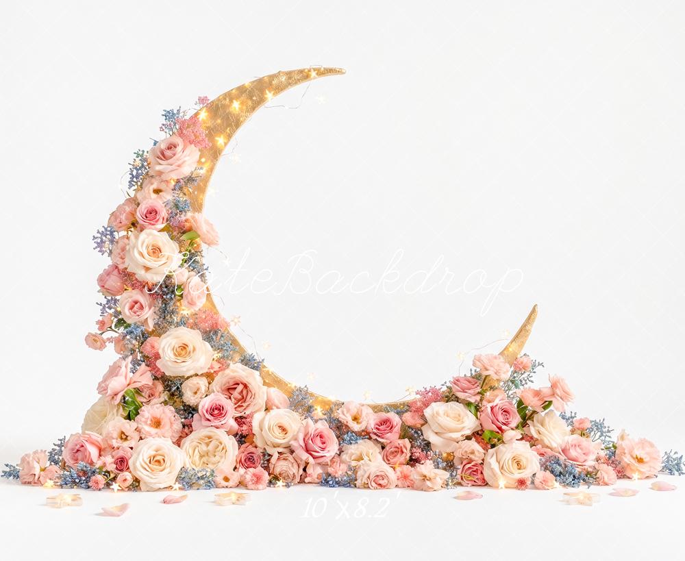 Kate Birthday Floral Crescent Moon Lights Printed Backdrop Designed by Angela Miller