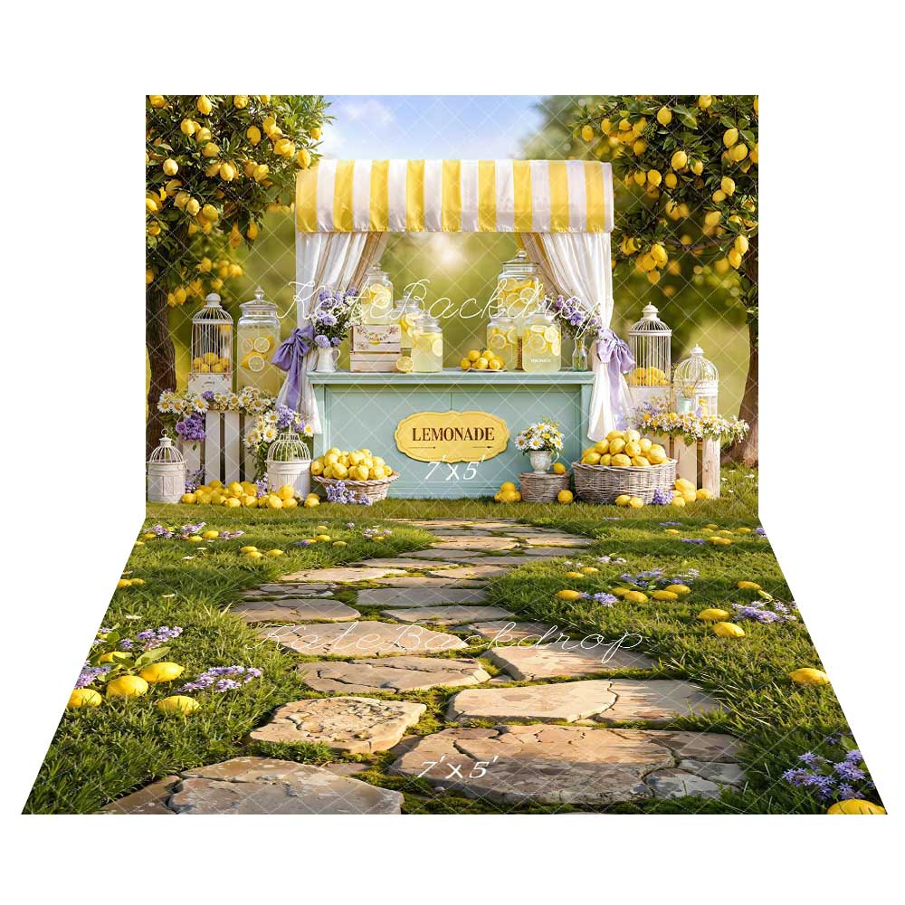 Kate Summer Lemonade Stand Lemon Trees Yellow Flowers Backdrop+Stone Pathway Lemons Green Grass Purple Flowers Backdrop