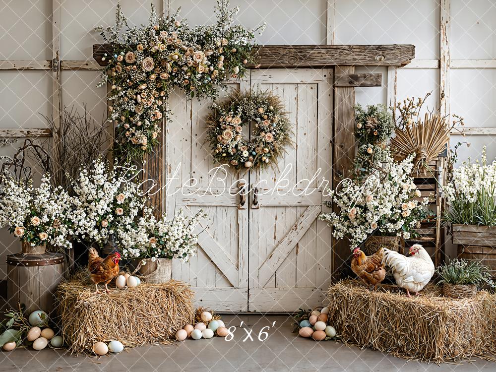 Kate Easter Rustic Barn Flowers Hay Eggs Printed Backdrop Designed by Emetselch