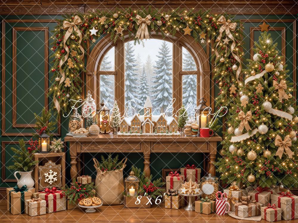Kate Christmas Tree Arched Window Gingerbread Gifts Printed Backdrop Designed by Mini MakeBelieve