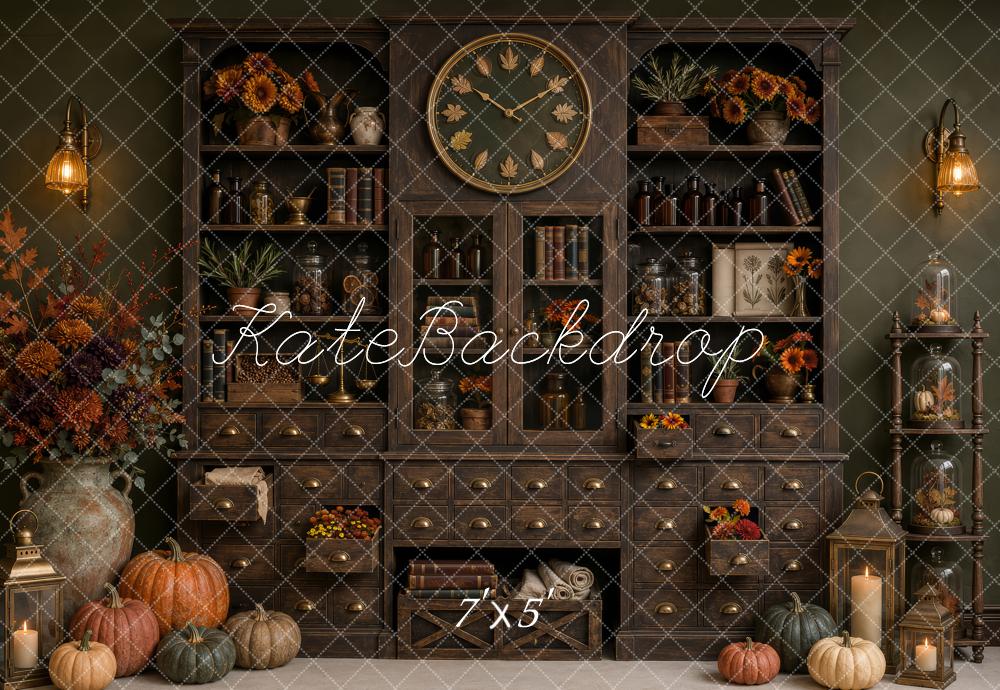 Kate Fall Vintage Apothecary Cabinet Clock Pumpkins Printed Backdrop Designed by Patty Roberts