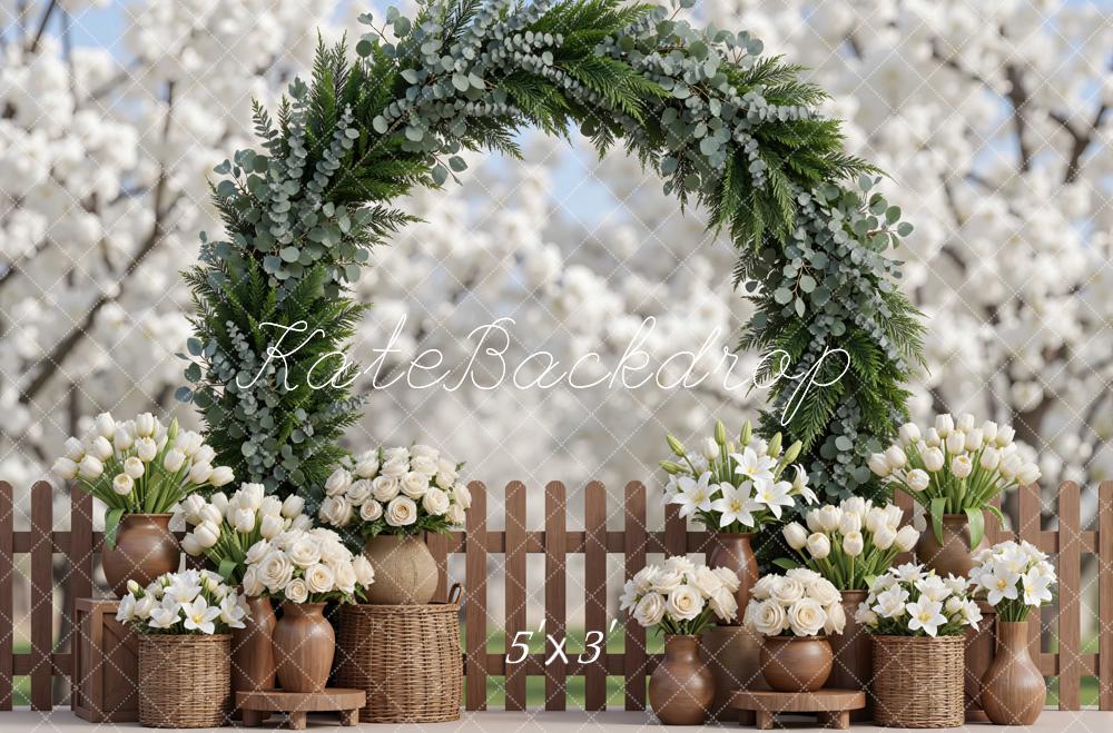Kate Spring Flower Arch White Tulips Roses Wicker Basket Fence Spring Backdrop Designed by Mini MakeBelieve