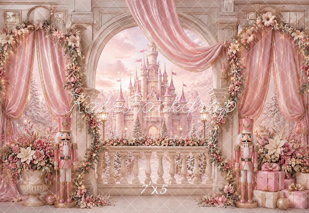Kate Christmas Pink Castle Arch Nutcracker Drapery Flowers Printed Backdrop Designed by Ashley Paul
