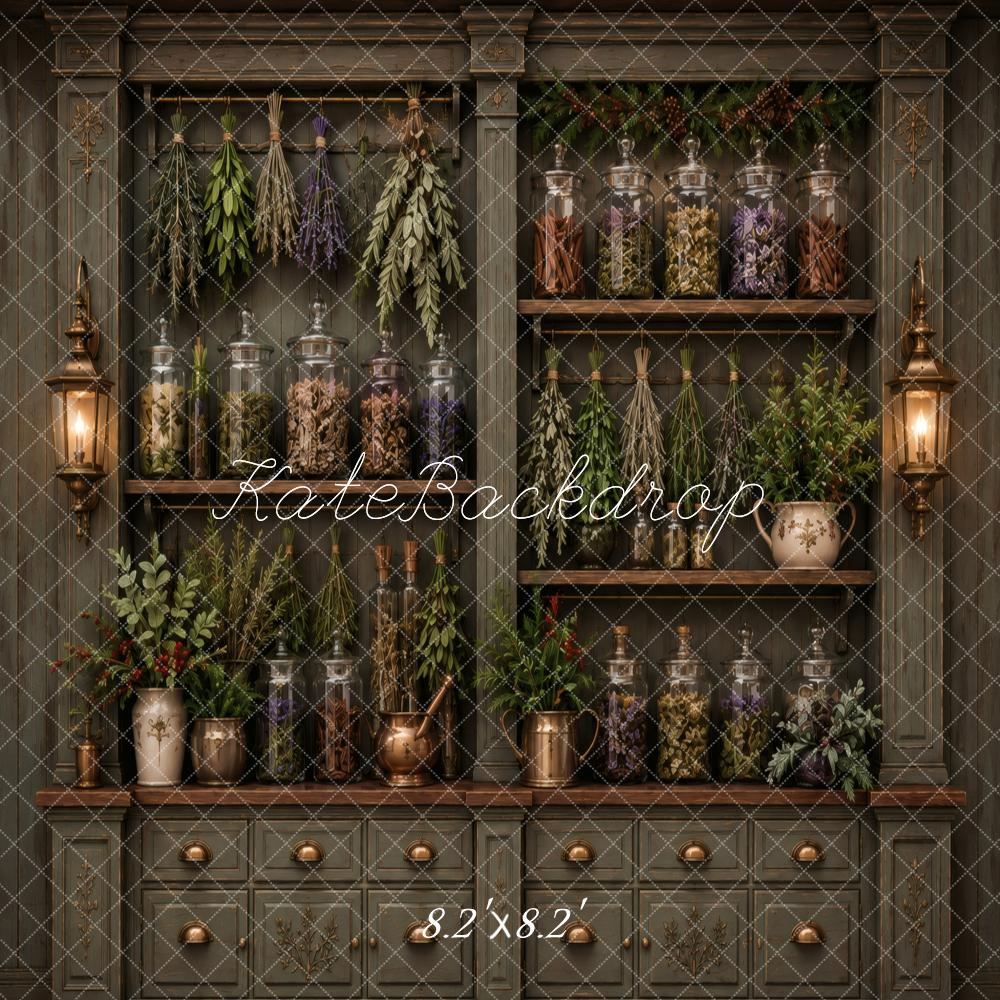 Kate Apothecary Cabinet Herbs Jars Greenery Printed Backdrop Designed by Vertigo Productions