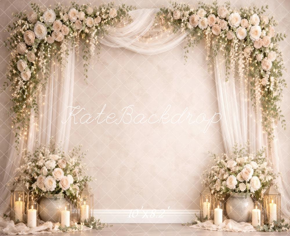 Kate Spring Flower Arch Cream Roses Lanterns Drapery Printed Backdrop Designed by Vertigo Productions