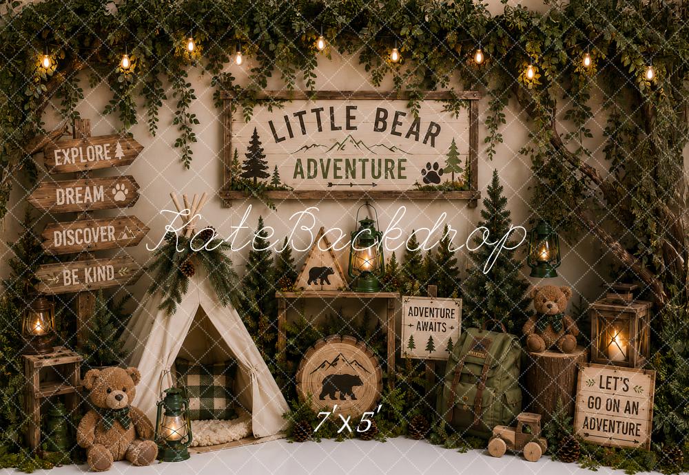 Kate Kids Birthday Forest Adventure Camping Teepee Bear Printed Backdrop Designed by Ashley Paul
