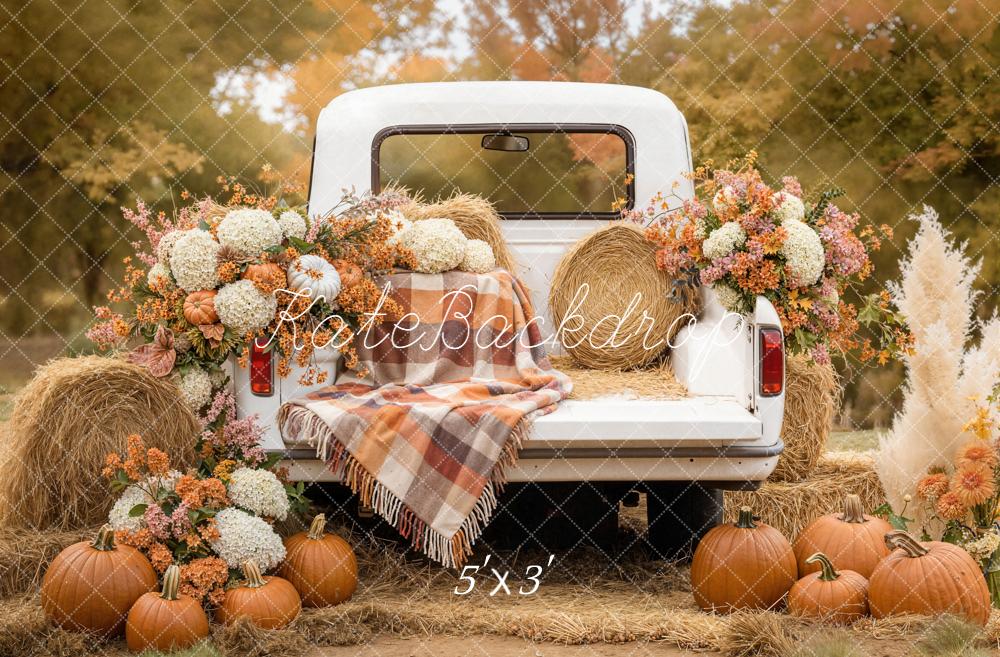 Kate Fall White Truck Pumpkins Hay Bales Flowers Printed Backdrop Designed by Emetselch