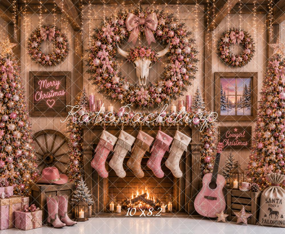 Kate Christmas Pink Rustic Fireplace Bull Skull Printed Backdrop Designed by Ashley Paul