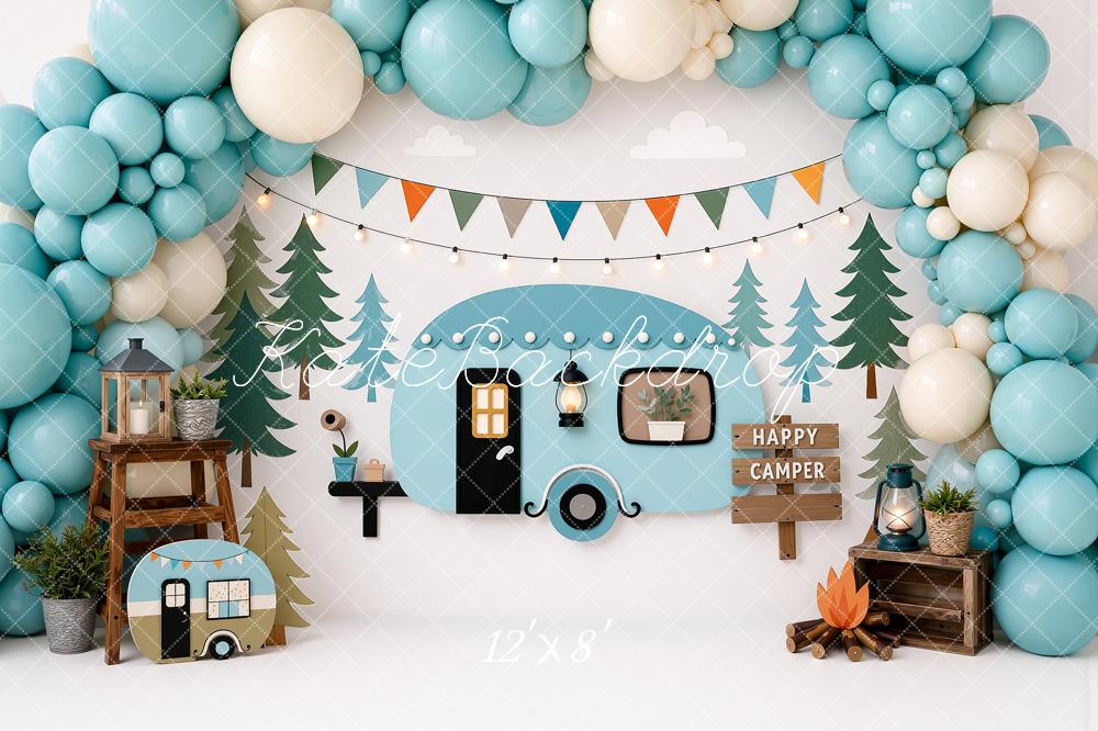 Kate Cake Smash Teal Camper Forest Balloon Arch Bunting Printed Backdrop Designed by Ashley Ward