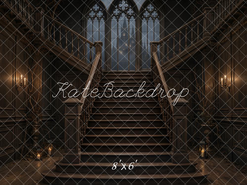 Kate Halloween Cascading Stairs Gothic Windows Candlelight Printed Backdrop Designed by Emetselch