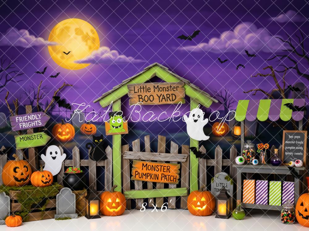 Kate Halloween Monster Pumpkin Patch Fence Kids Printed Backdrop Designed by Patty Roberts