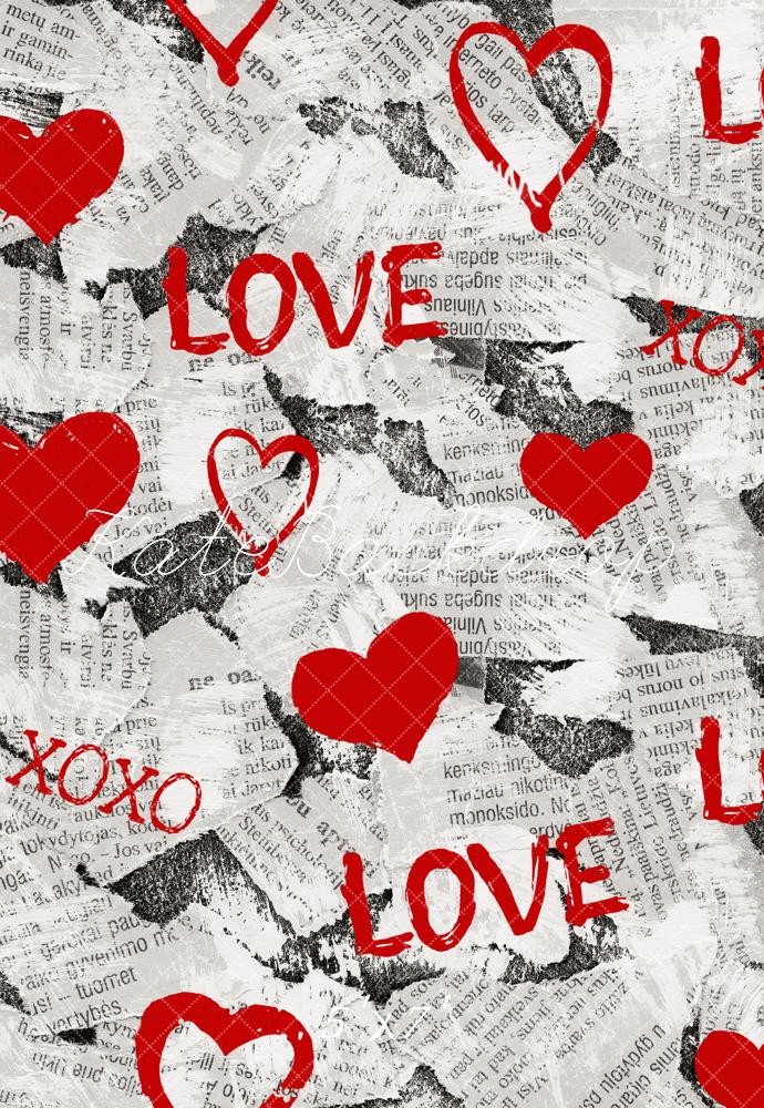 Kate Valentine's Day Red Hearts Graffiti Newspaper Collage Printed Backdrop Designed by Emetselch