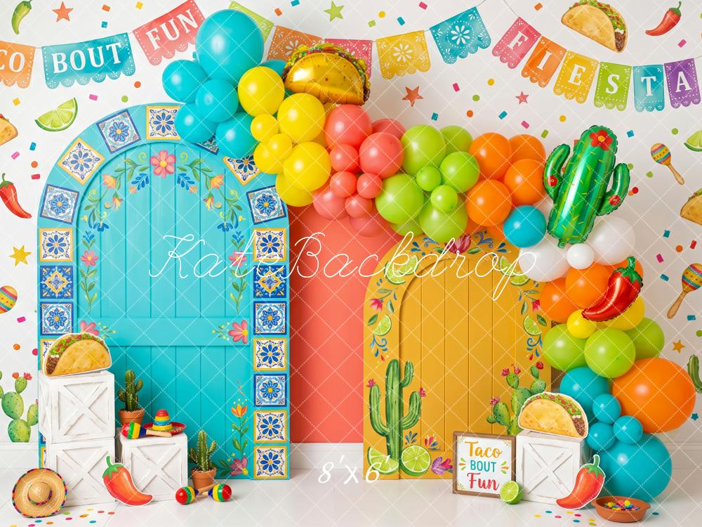 Kate Cake Smash Mexico Taco Fiesta Balloon Arch Cactus Printed Backdrop Designed by Patty Roberts