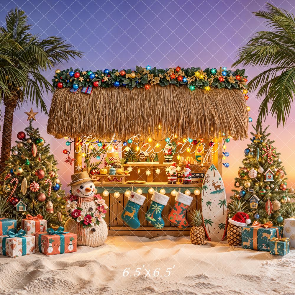 Kate Christmas Tropical Beach Hut Palm Trees Surfboard Printed Backdrop Designed by Emetselch