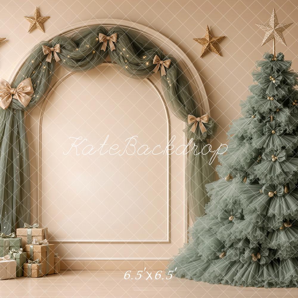 Kate Christmas Green Tulle Tree Arch Drapes Stars Gifts Printed Backdrop Designed by Shutter Swan Studios
