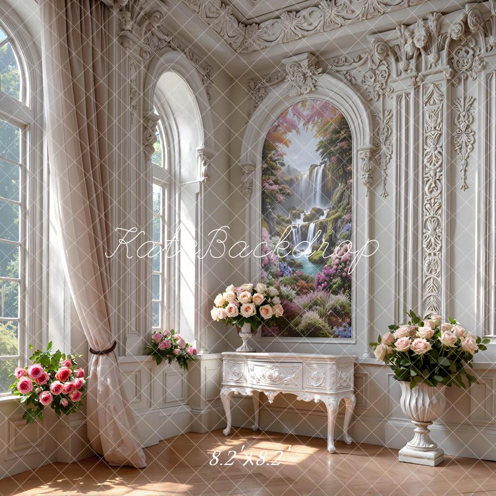 Kate Summer Elegant White Mansion Flowers Waterfall Window Printed Backdrop Designed by Mini MakeBelieve