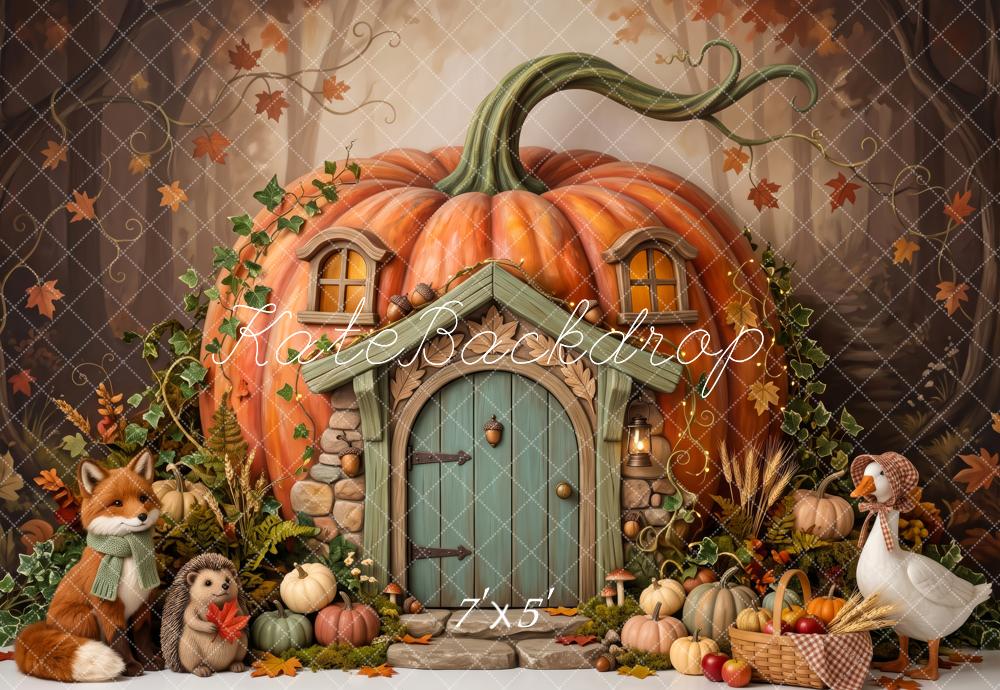 Kate Fall Pumpkin Cottage Woodland Animals Printed Backdrop Designed by Patty Roberts