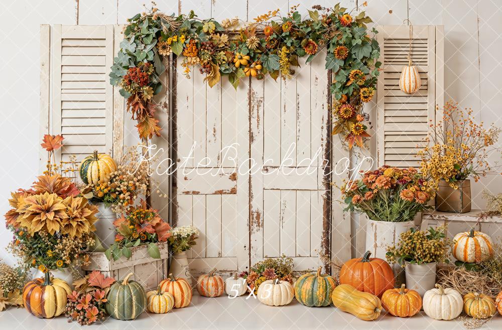 Kate Fall Pumpkins Floral White Door Leaves Backdrop Designed by Emetselch