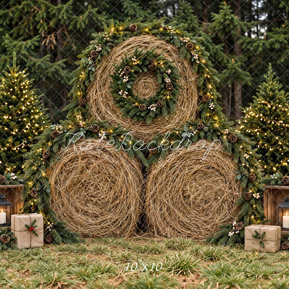 Kate Christmas Hay Bale Wreath Pine Forest Printed Backdrop Designed by Emetselch