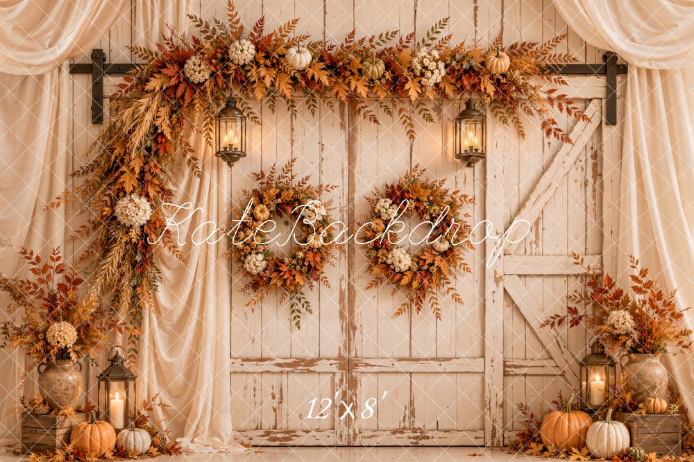 Kate Fall Floral Rustic Barn Door Pumpkins White Drapes Printed Backdrop Designed by Emetselch