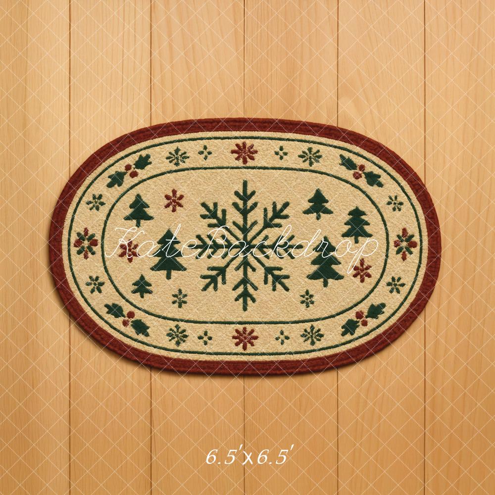 Kate Christmas Snowflake Pine Tree Oval Rug Wooden Printed Floor Backdrop Designed by Mini MakeBelieve