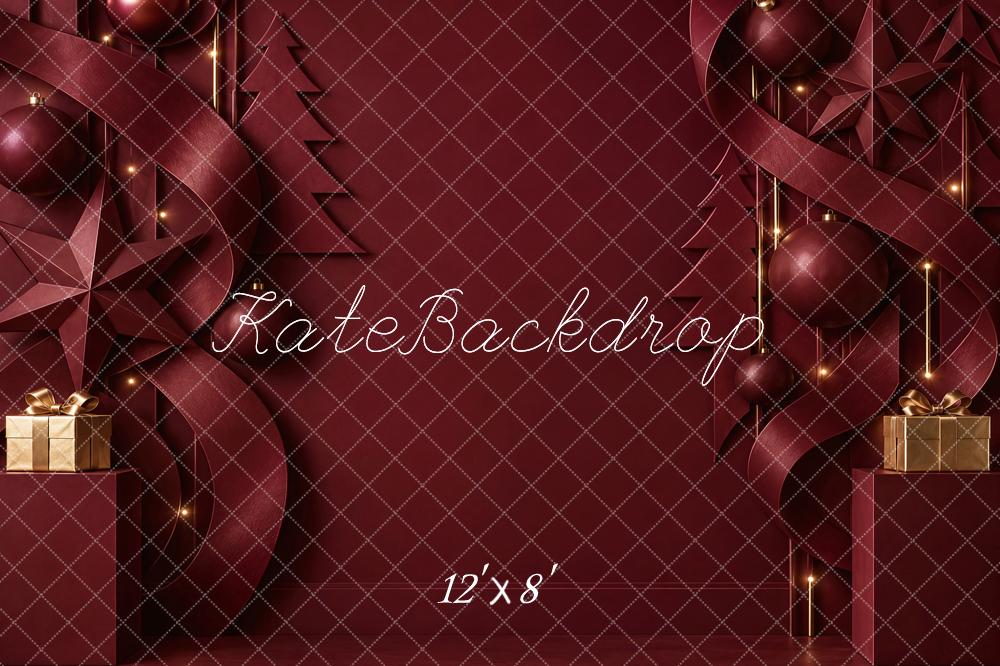 Kate Christmas Burgundy Modern Ribbon Ornaments Printed Backdrop Designed by Vertigo Productions