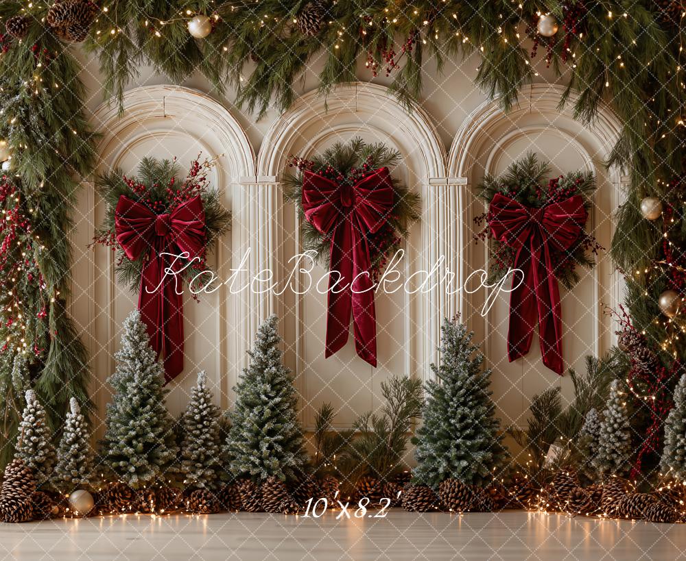 Kate Christmas Arched Wall Pine Trees Red Bows Printed Backdrop Designed by Emetselch