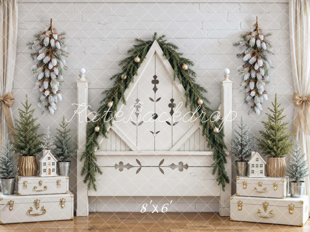 Kate Christmas Triangle Headboard Garland Frosted Trees Rustic White Printed Backdrop Designed by Mini MakeBelieve