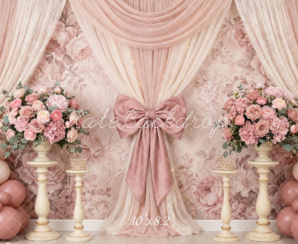 Kate Birthday Pink Floral Drapes Bow Balloons Printed Backdrop Designed by Patty Roberts