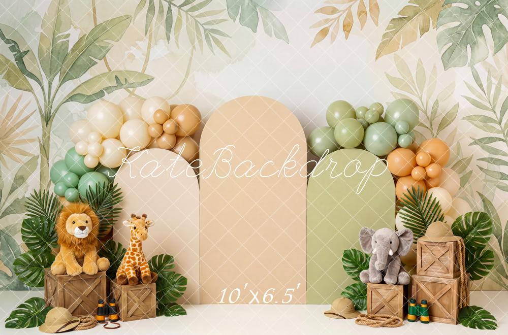 Kate Cake Smash Jungle Safari Animals Leaves Balloons Crates Printed Backdrop Designed by Patty Roberts