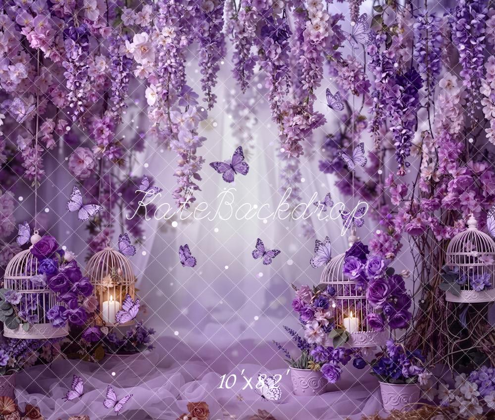 Kate Spring Purple Flower Arch Butterflies Birdcages Printed Backdrop Designed by Emetselch