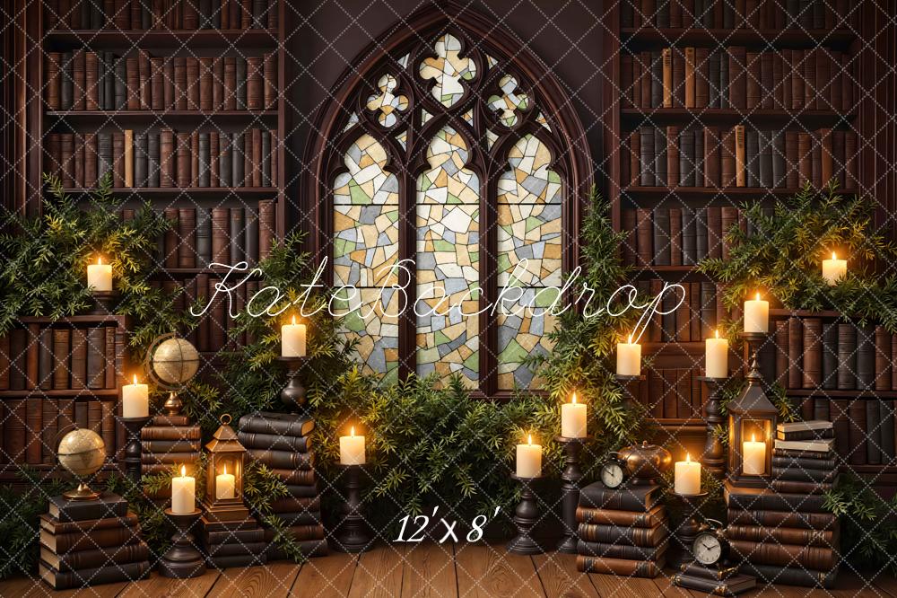 Kate Library Bookshelves Stained Glass Candles Backdrop Designed by Mini MakeBelieve