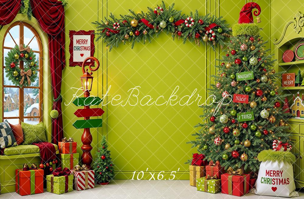 Kate Christmas Elf Green Tree Garland Window Shelf Printed Backdrop Designed by Shutter Swan Studios