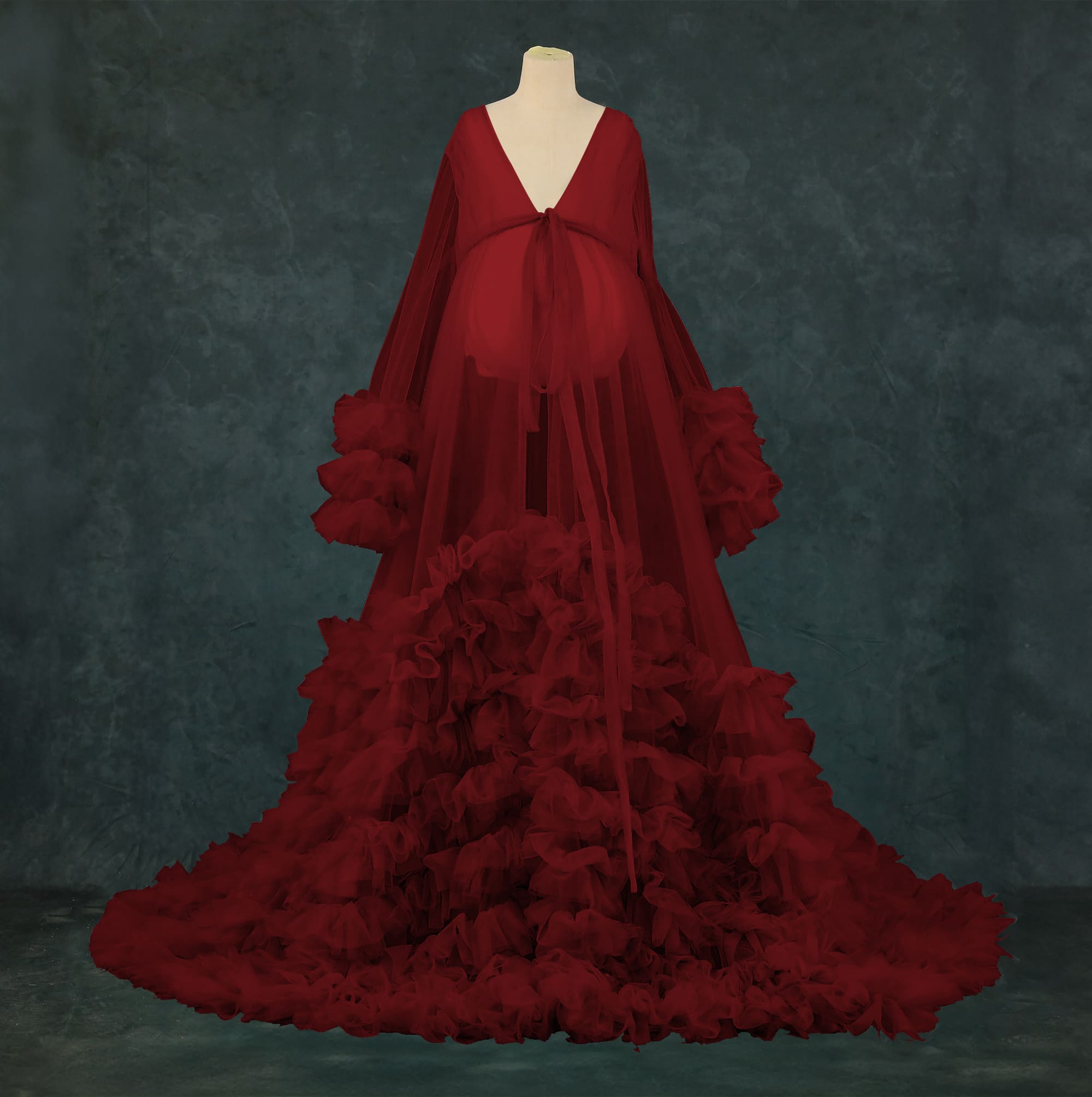 Kate Mesh V-neck Trailing Mid Sleeve Custom Maternity Photoshoot Gowns