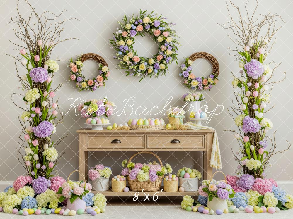 Kate Easter Flower Arch Wreath Pastel Eggs Table Printed Backdrop Designed by Patty Roberts