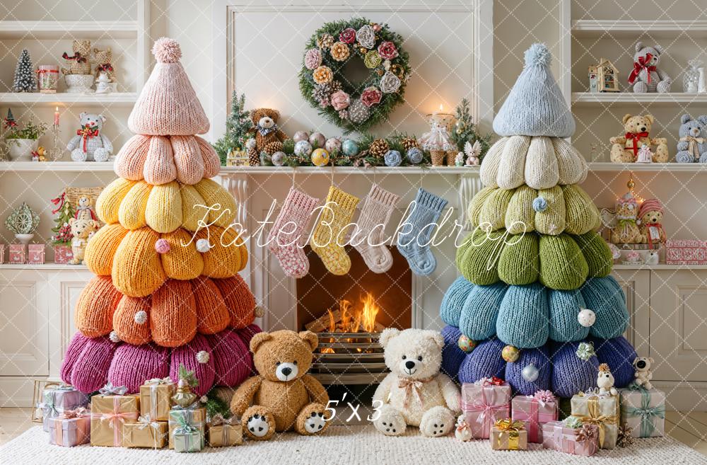 Kate Christmas Knitted Rainbow Trees Fireplace Teddy Bears Backdrop Designed by Emetselch