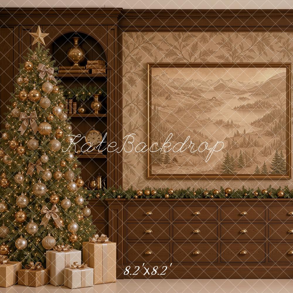 Kate Christmas Traditional Brown Library Cabinet Christmas Tree Printed Backdrop Designed by Shutter Swan Studios