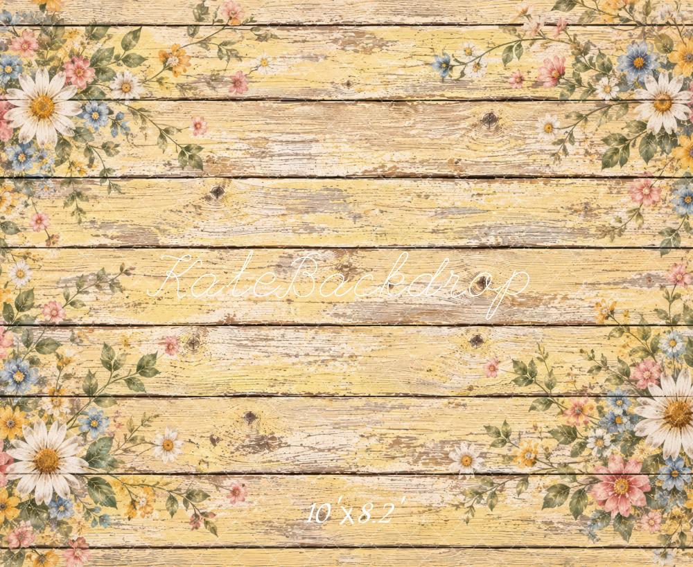 Kate Yellow Vintage Floral Wood Plank Floor Printed Backdrop Designed by Laura Bybee