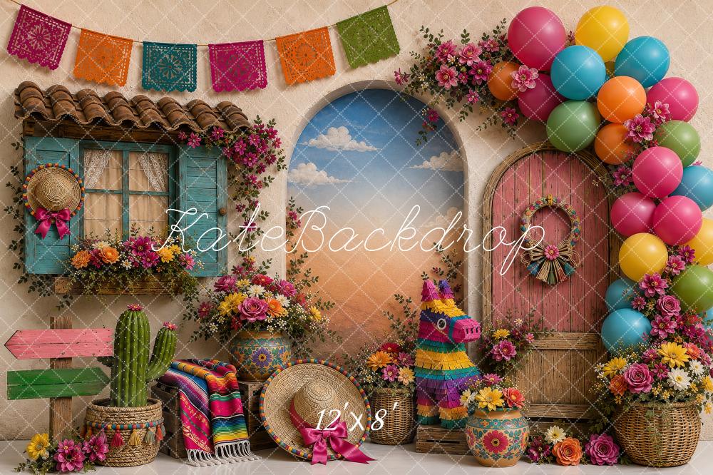 Kate Cake Smash Mexican Fiesta Piñata Balloons Papel Picado Printed Backdrop Designed by Shutter Swan Studios