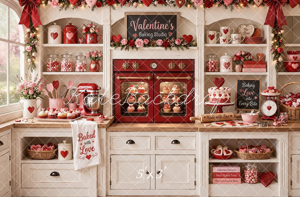 Kate Valentine's Day Kitchen Cabinet Baking Red Oven Roses Printed Backdrop Designed by Emetselch