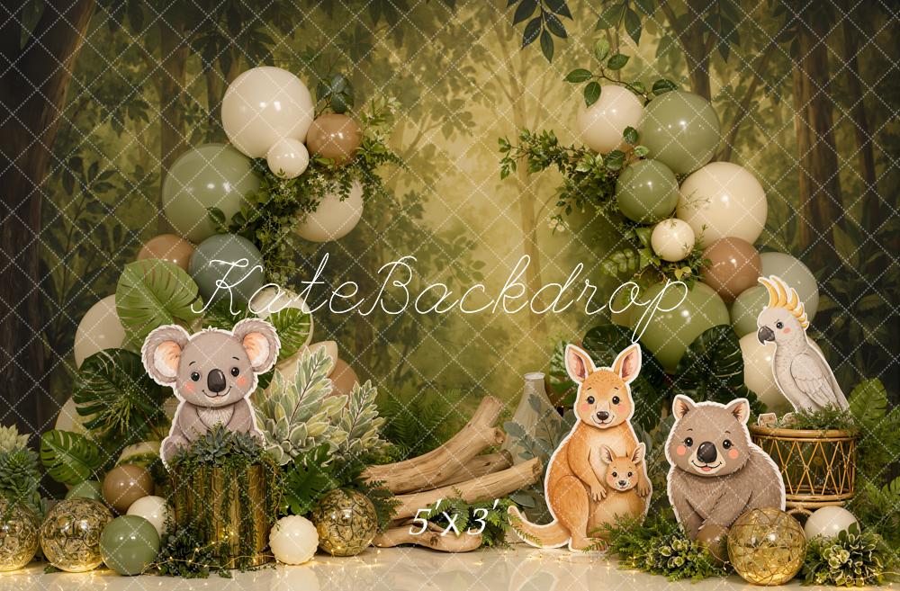 Kate Cake Smash Jungle Koala Kangaroo Wombat Balloon Garland Printed Backdrop Designed by Emetselch