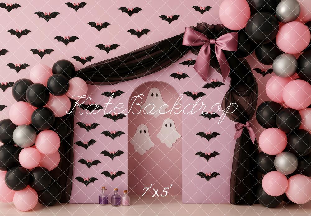Kate Halloween Cake Smash Drapes Pink Bats Ghosts Balloon Arch Backdrop Designed by Patty Roberts
