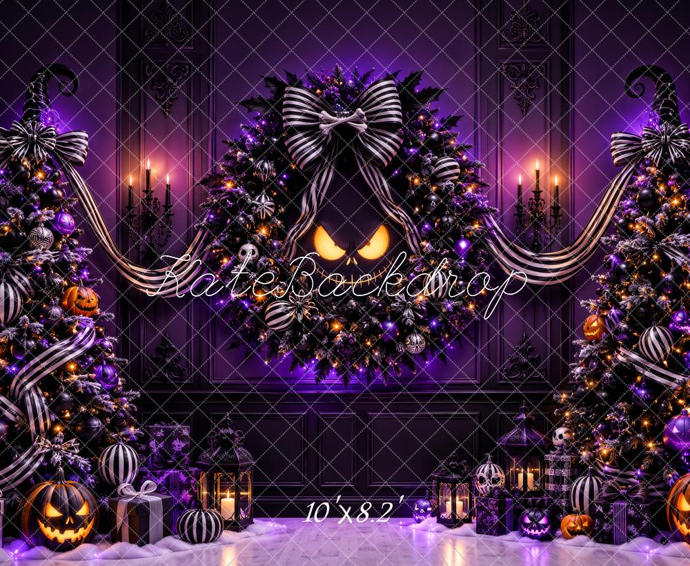 Kate Halloween Purple Christmas Trees Jack O Lantern Wreath Printed Backdrop Designed by Megan Leigh Photography