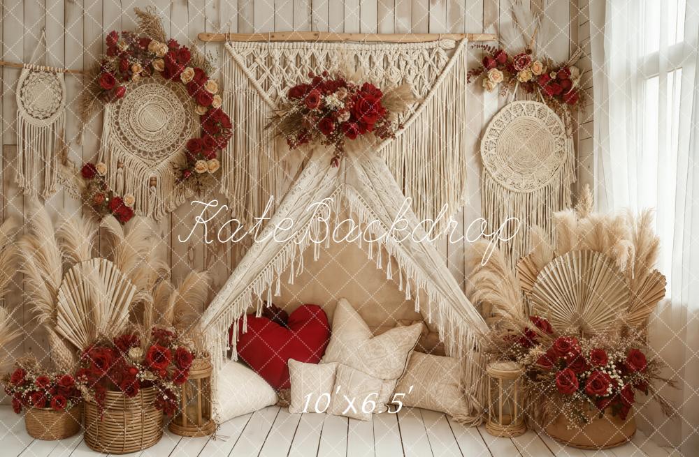 Kate Valentines Boho Macrame Dreamcatcher Red Roses Teepee Backdrop Designed by Emetselch