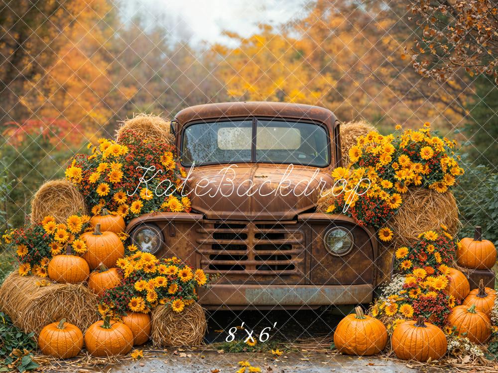 Kate Fall Vintage Truck Pumpkins Hay Bales Sunflowers Backdrop Designed by Emetselch