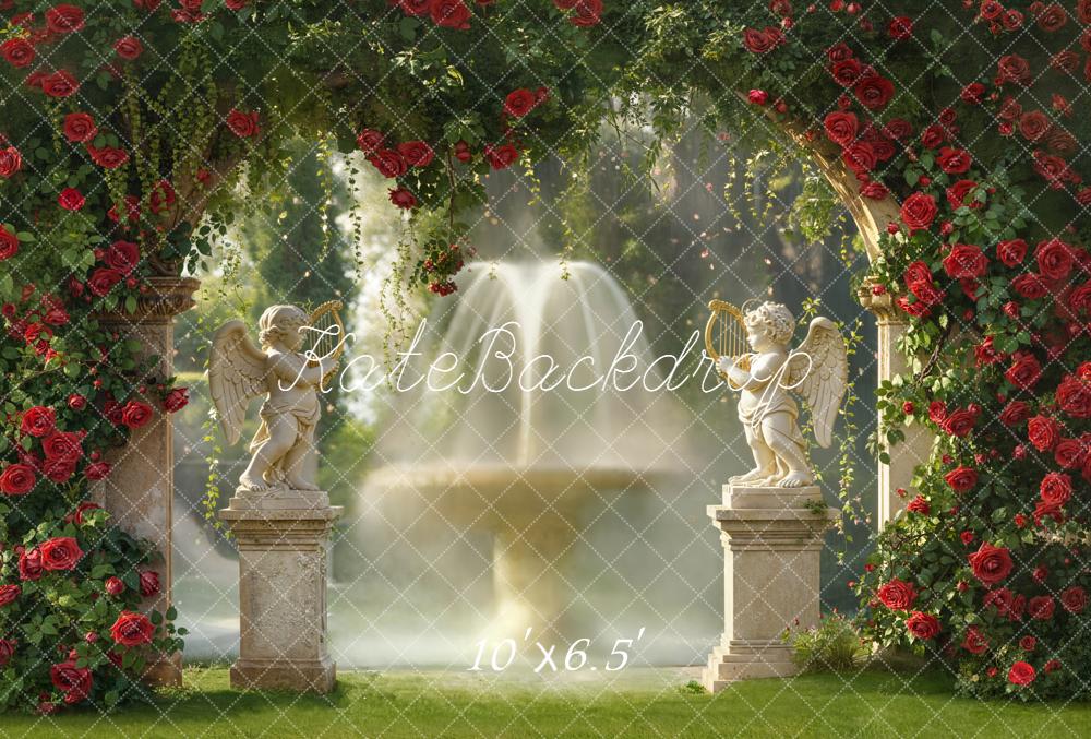 Kate Spring Red Rose Arch Angel Statues Fountain Garden Backdrop Designed by Emetselch