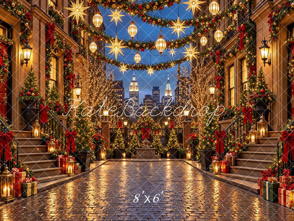 Kate Christmas Urban City Street Buildings Red Bows Garlands Lights Printed Backdrop Designed by Shutter Swan Studios