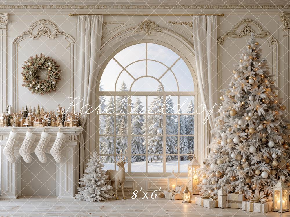 Kate Christmas Tree Ivory Fireplace Arched Window Snow Printed Backdrop Designed by Emetselch